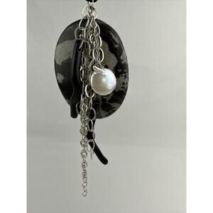 Artist Made Pendant Sterling Silver Chain Natural Pearl Marble Zebra Jasper